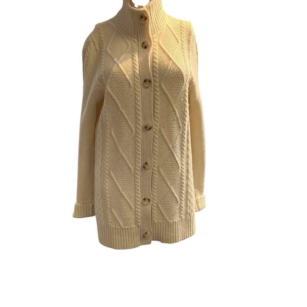 LL Bean Merino Wool Cable Knit Cardigan Ivory L Fisherman Heritage Sweater